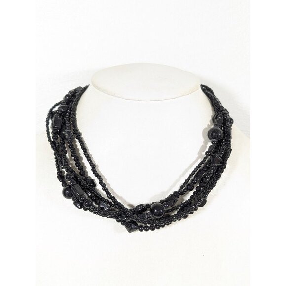 Black Glass Bead Multi Strand Necklace Whimsigoth Goth Statement 19" - Picture 1 of 7